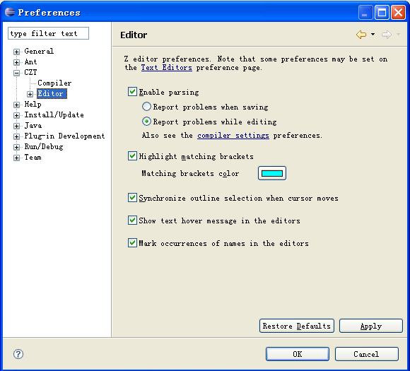 CZT Editor Preference Page