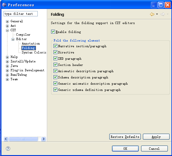 CZT Editor Folding Preference Page